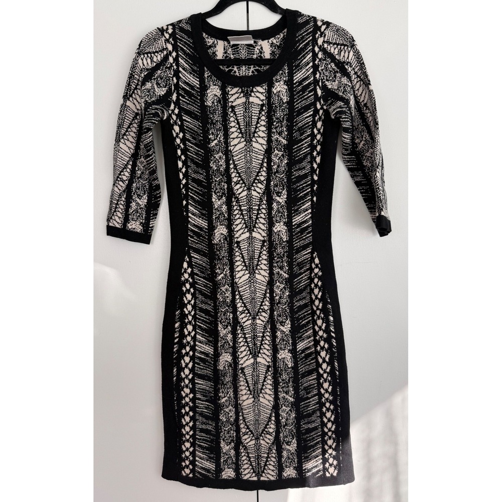 J. Taylor Black Cream Geometric Knit Bodycon‎ Sweater Dress 3/4 Sleeve Small